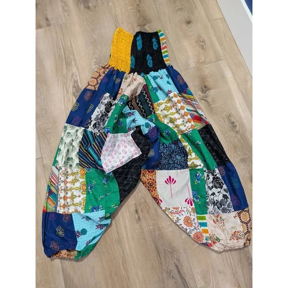 Tribe Azure Patchwork Harem Jumpsuit Pants L/XL Fair Trade Boho Festival Romper